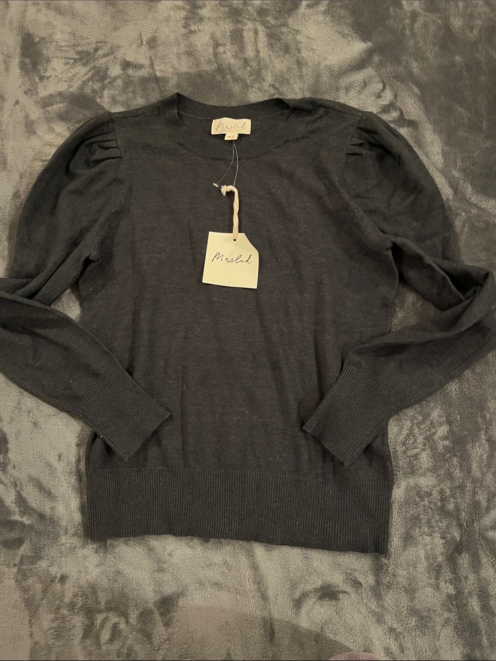Marled Black Puff-Sleeve Crewneck Sweater